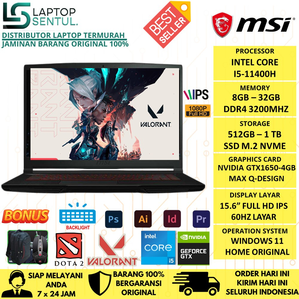 LAPTOP GAMING MSI GF63 THIN 11SC INTEL I5 11400H 32GB 1TB SSD FHD IPS GTX1650 4GB MAX Q DESIGN 60HZ WINDOWS 11 HOME ORIGINAL