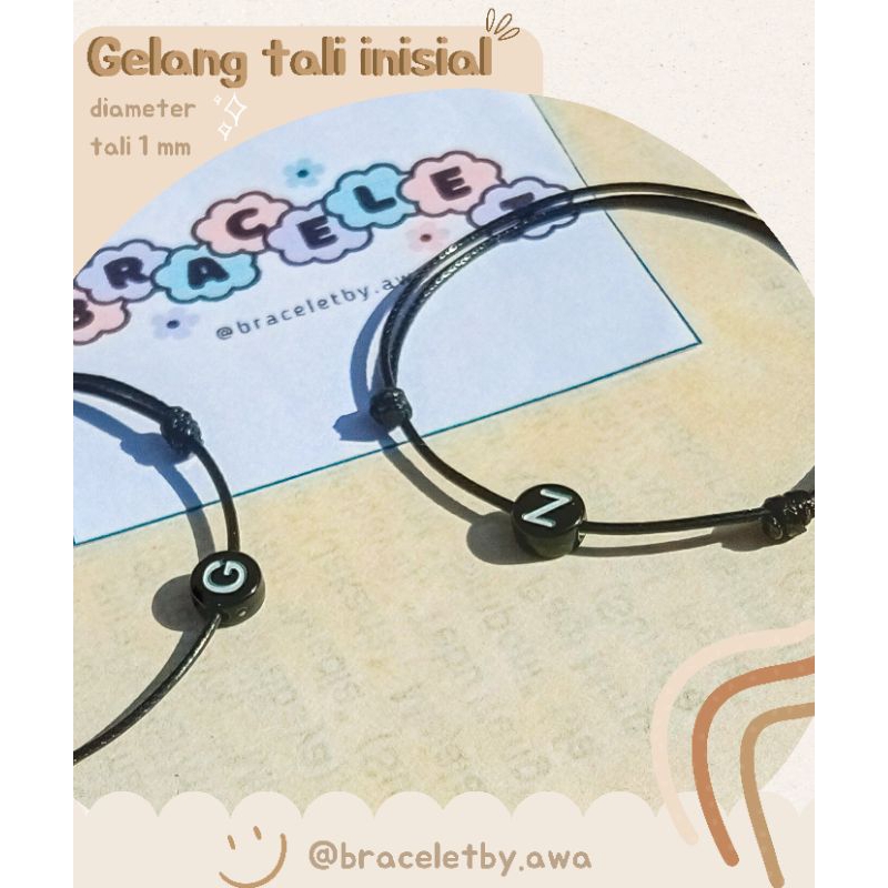 Gelang tali inisial hitam|| Gelang tali korea hitam || Gelang inisial bulat pipih