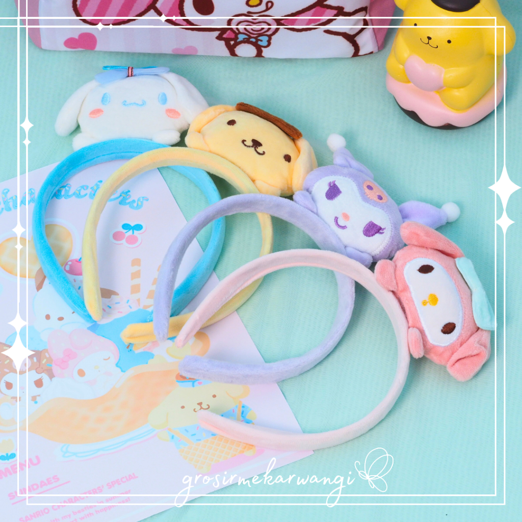 Bando Boneka Sanrio Cinnamoroll Pompurin Melody Kuromi Tebal Bulu Halus Lembut Aksesoris Rambut Wanita Anak Perempuan