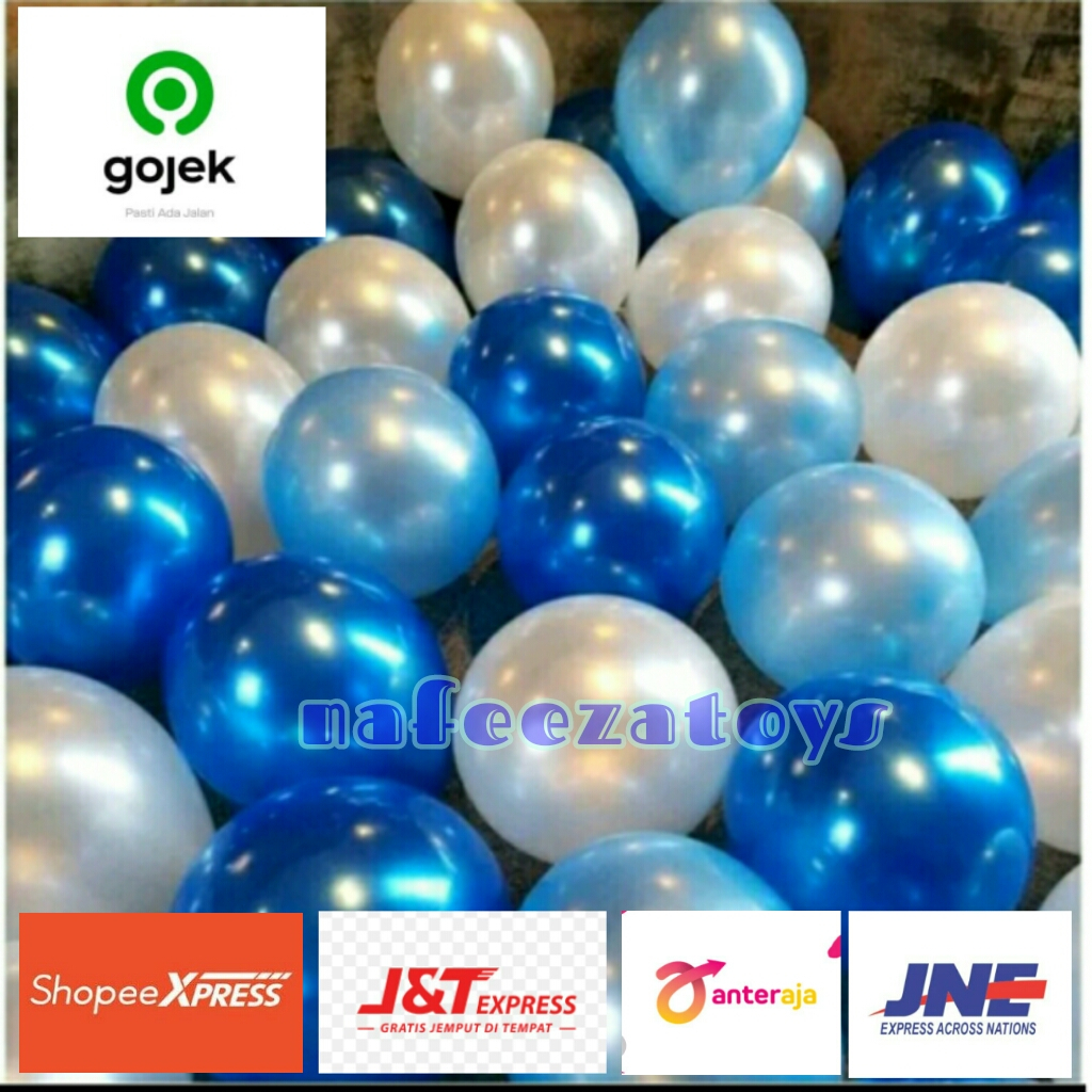 ID {ISI 30 PCS} MIX BALON METALIK BIRU TUA BIRU MUDA PUTIH / BALON LATEX / BALON METALIK 12 INCH /