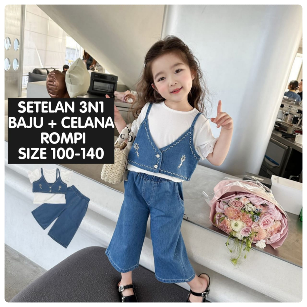 (LOLI-JKT) BS- 463 SETELAN 3N1 ANAK IMPORT KULOT ROMPI SIZE 100-140