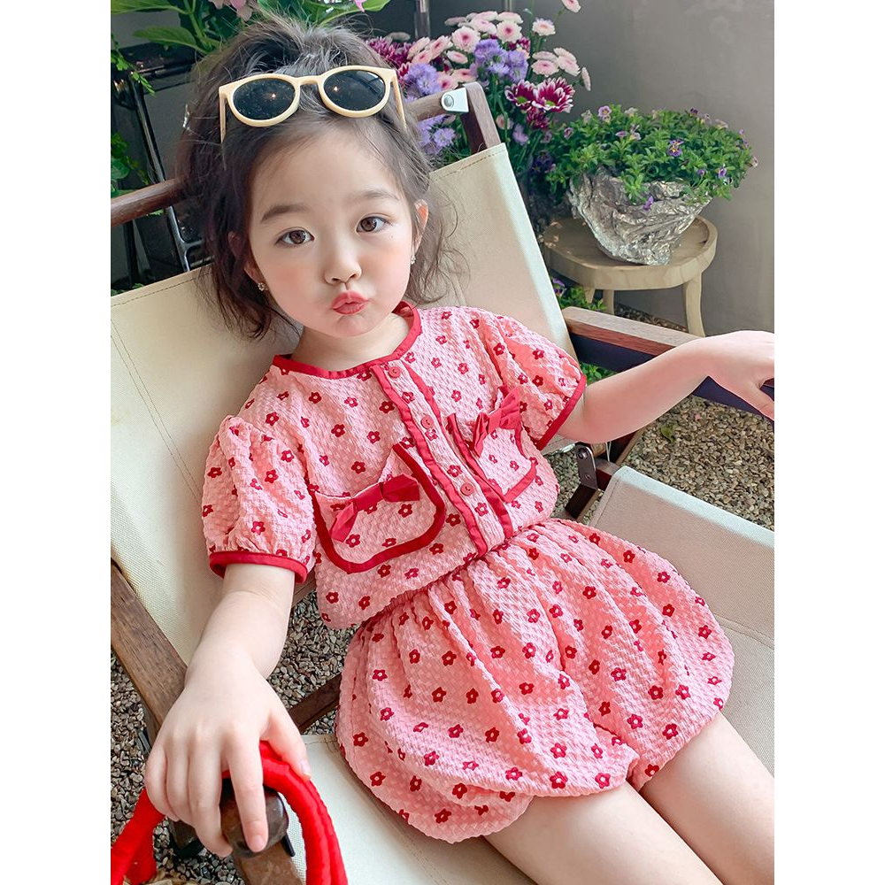 (LOLI-JKT) BS- 462 SETELAN ANAK IMPORT MERAH PITA SAKU SIZE 100-140