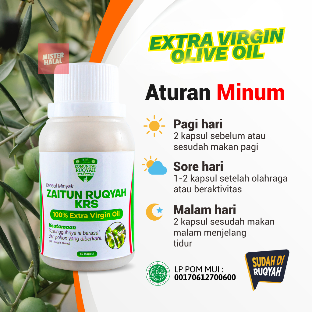 MINYAK ZAITUN RUQYAH KRS Murni - 80 Kapsul - Olive Oil Extra Virgin - Anti Kolesterol - Menghilangkan Sihir, Pengaruh Jin, Mengatasi ‘Ain, Mengobati Was – Was, Cemas, Gelisah