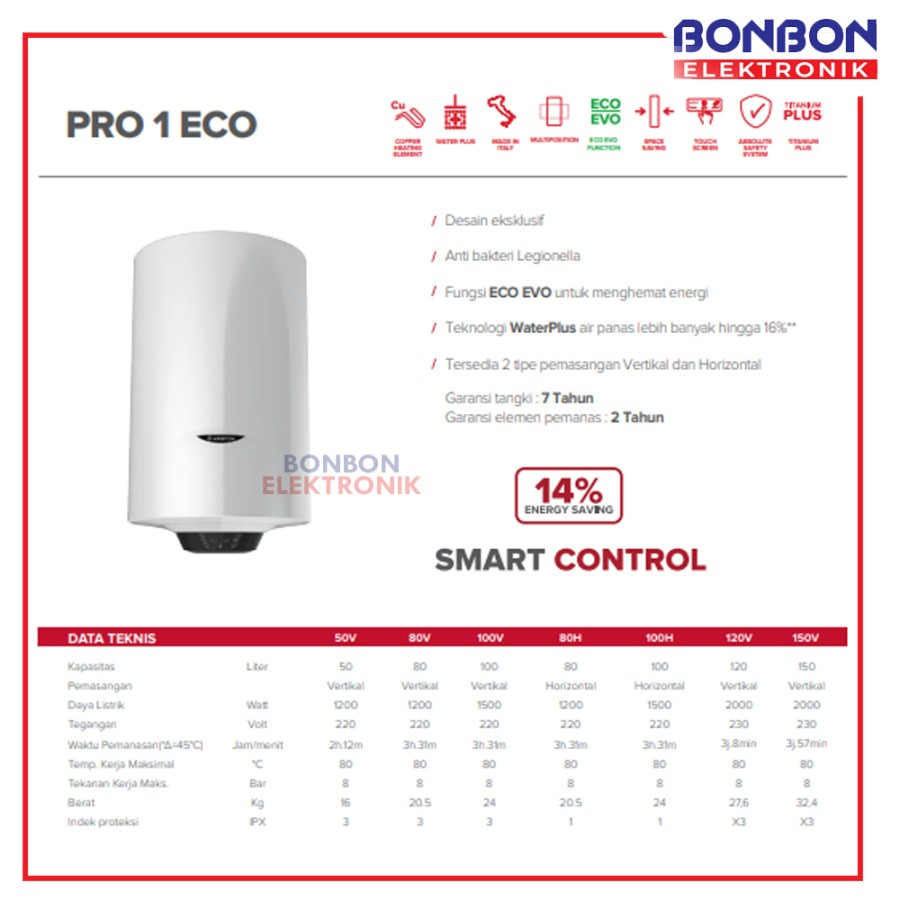ARISTON Water Heater PRO1 ECO 80L Pemanas Air 1200 Watt 80L