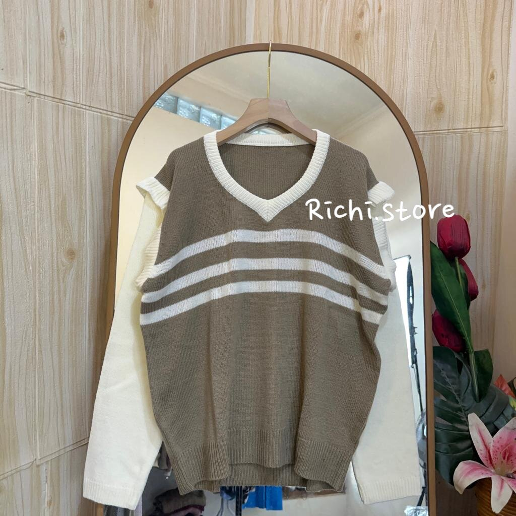 Lolita v-neck blouse rajut wanita aksen ruffle