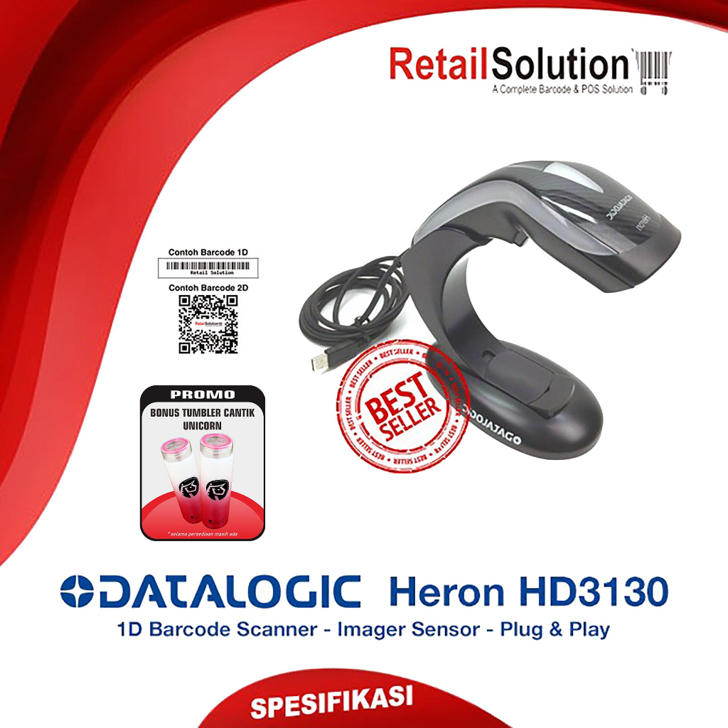 Barcode Scanner USB 1D Datalogic Heron HD3130 / HD-3130 / HD 3130