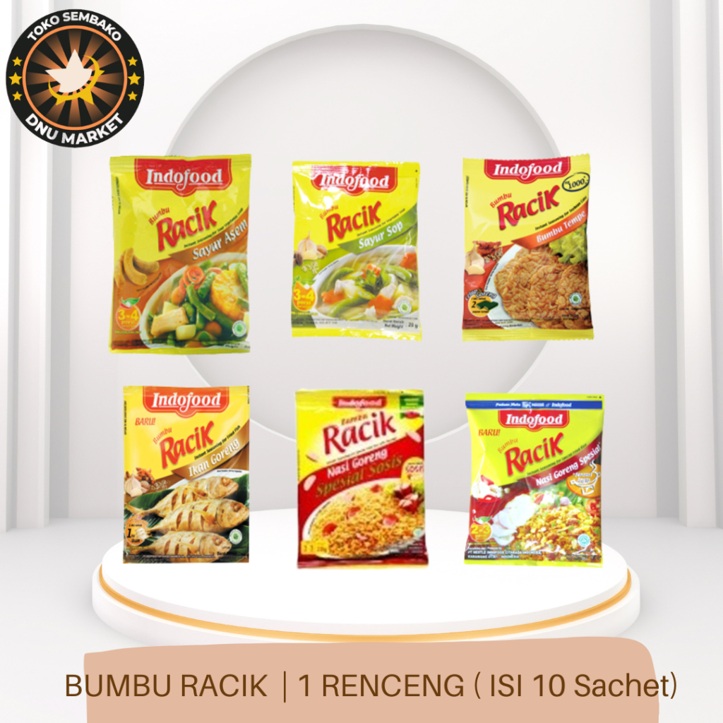 

RENCENG (ISI 10 SACHET) | INDOFOOD BUMBU RACIK IKAN GORENG | INDOFOOD BUMBU RACIK BUMBU TEMPE | INDOFOOD BUMBU RACIK SAYUR SOP | INDOFOOD BUMBU RACIK SAYUR ASEM | INDOFOOD BUMBU RACIK NASI GORENG SPESIAL | INDOFOOD RACIK NASI GORENG | RACIK AYAM GORENG