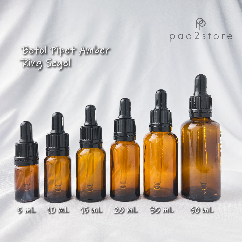 Botol Pipet / Dropper Kaca Tebal Amber Coklat  - Ring Karet Hitam Garis Segel Seal - Serum Essence Oil Tetes