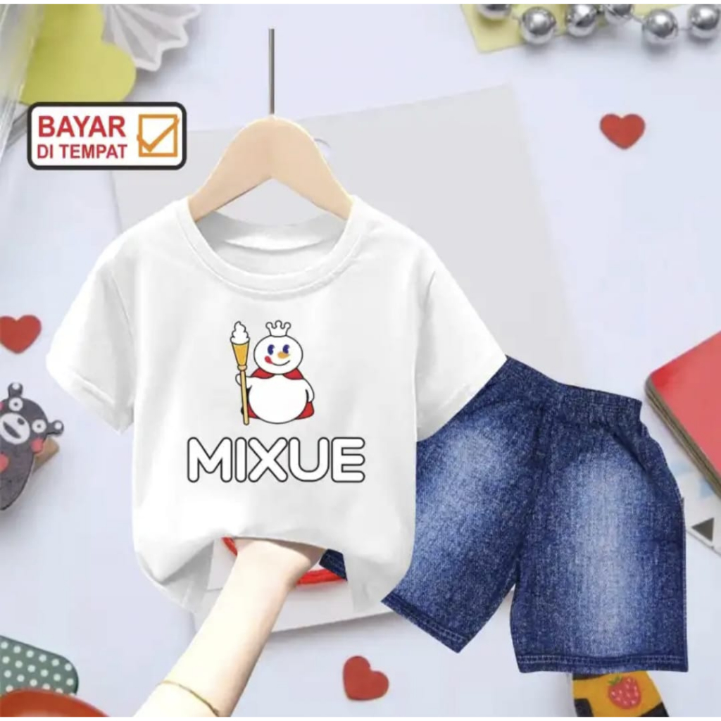 Setelan Baju Viral UNISEX Anak//Setelan Baju Celana Pendek Denim Mixue 1-6 Tahun