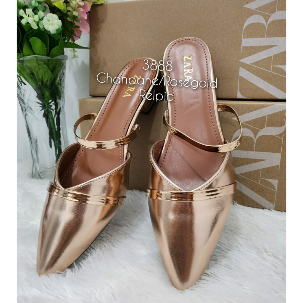 Sandal wanita mules lancip kulit glossy import kode 3888