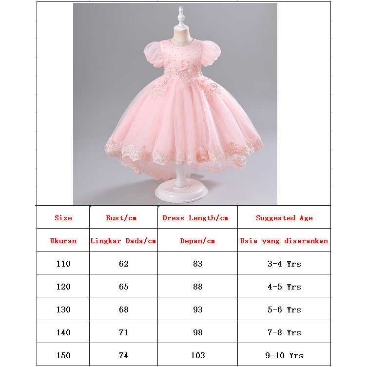 Girls Long Tail Bordir Putri Dress Kids Bunga Ulang Tahun Pesta Pesta Gaun Kostum Malam untuk 3-10 tahun