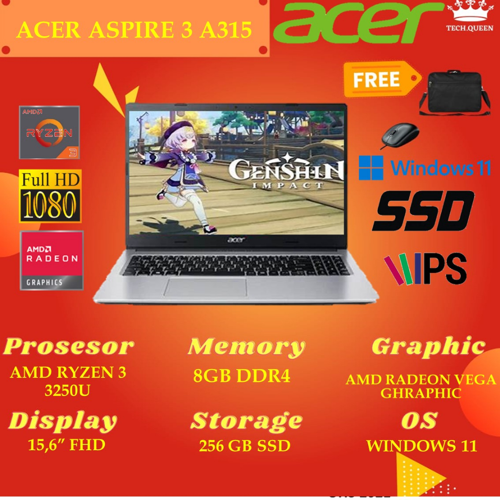 ACER ASPIRE 3 A315 - RYZEN 3 3250 8GB 256SSD VEGA3 WINDOWS 11PRE 15.6 INCHI FHD