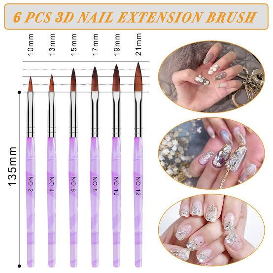 6PCS PURPLE ACRYLIC EXTENSION BRUSH MIX SIZED / BRUSH 3D WEDDING NAILS KUAS AKRILIK