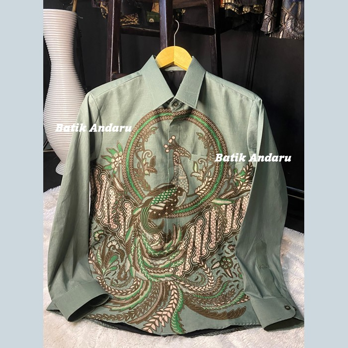 Baju Batik Pria Lengan Panjang Slimfit Modern Premium Full Furing Warna Hijau Sage Green