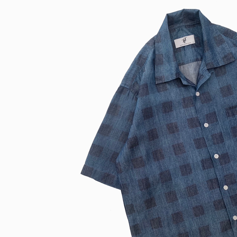 Indigo Checkered Chambray Wide Crop Shirt