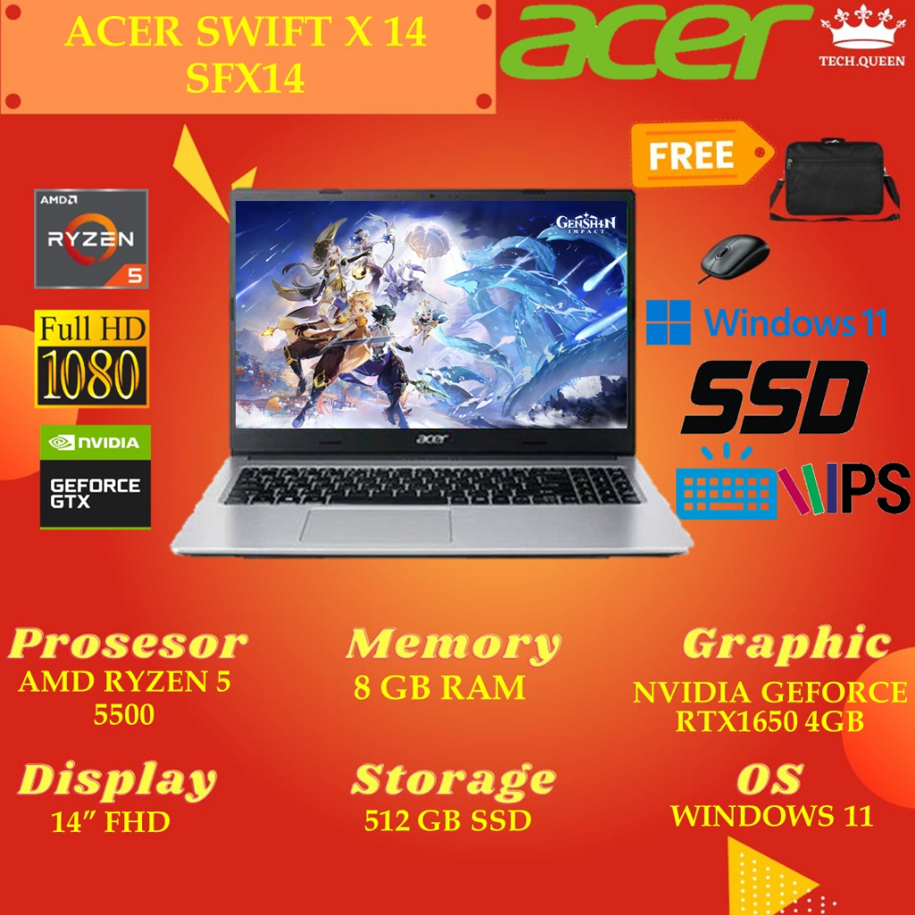 Acer Swift X 14 SFX14 GTX1650 4GB - RYZEN 5 5500 8GB 512SSD W11 14.0FHD IPS