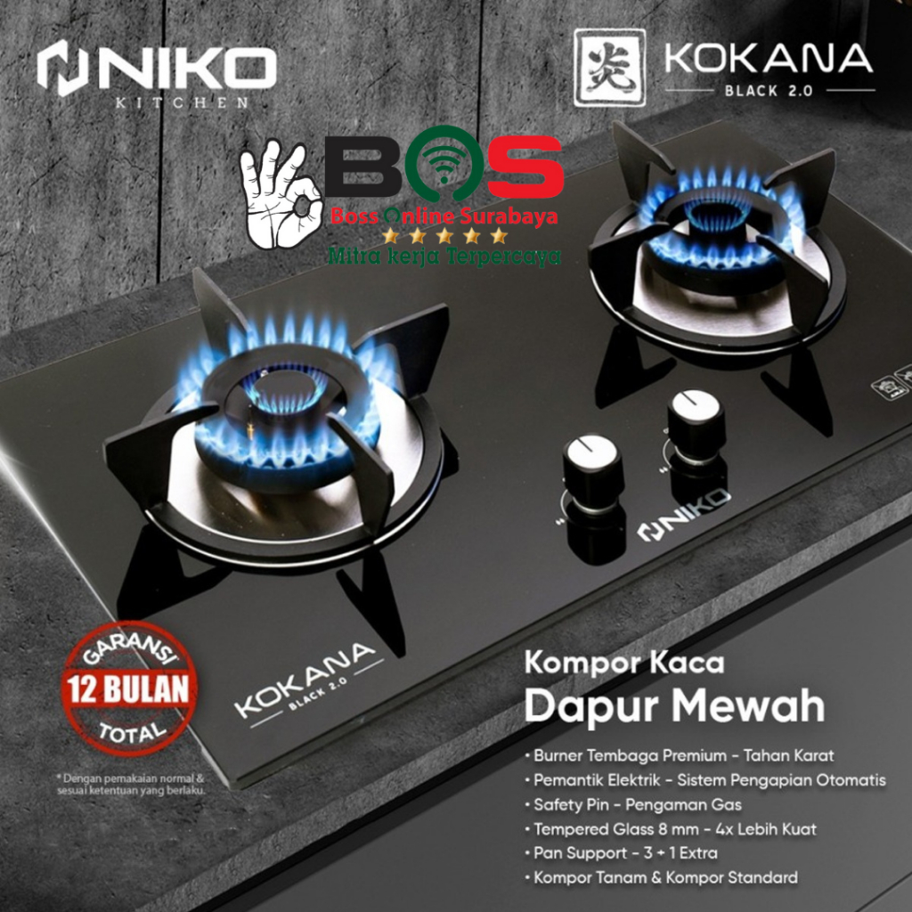 Niko Kompor Kaca 2 Tungku Gas Kokana Black 2.0 Kompor Tanam Niko