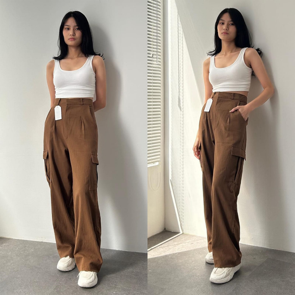 DB - Bella Cargo Pants - Highwaist Loose Cargo - Willow Cargo Pants -Celana Basic Cargo Highwaist Loose Linen Crinkle -Celana Kargo Ukuran Petite Linen Crinkle Highwaist