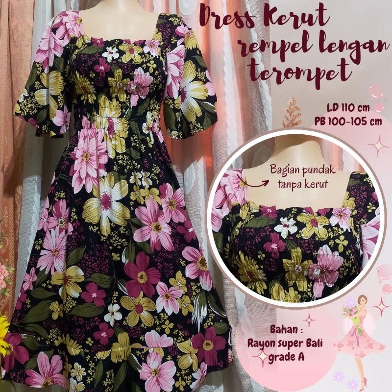 Kerut Rempel lengan terompet //Dress Gisel //Daster Bali //Daster kerut