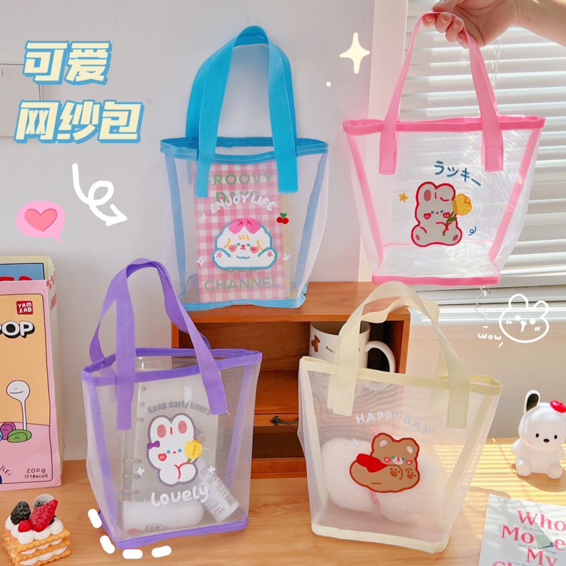 TERMURAH! Tas Tote Bag Korea Bear Import Transparan Tas Jinjing Wanita/ Tas Tenteng Transparan Motif Lucu/ Shoulder Bag