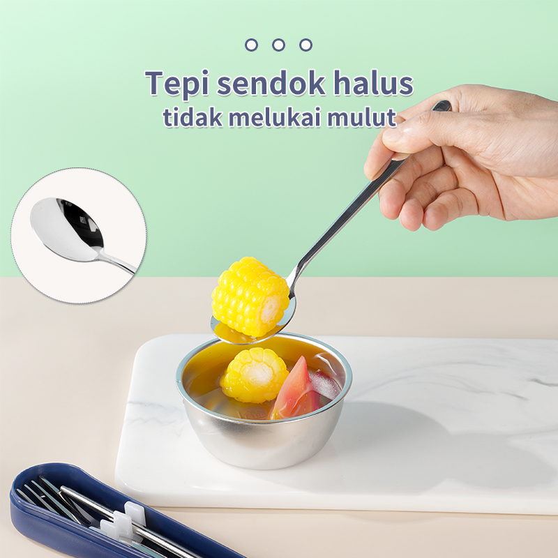 Letyeah &amp; Kaizenliving 3pcs Alat Makan dengan kotak sendok garpu sumpit / spoon fork chopsticks hijau/biru