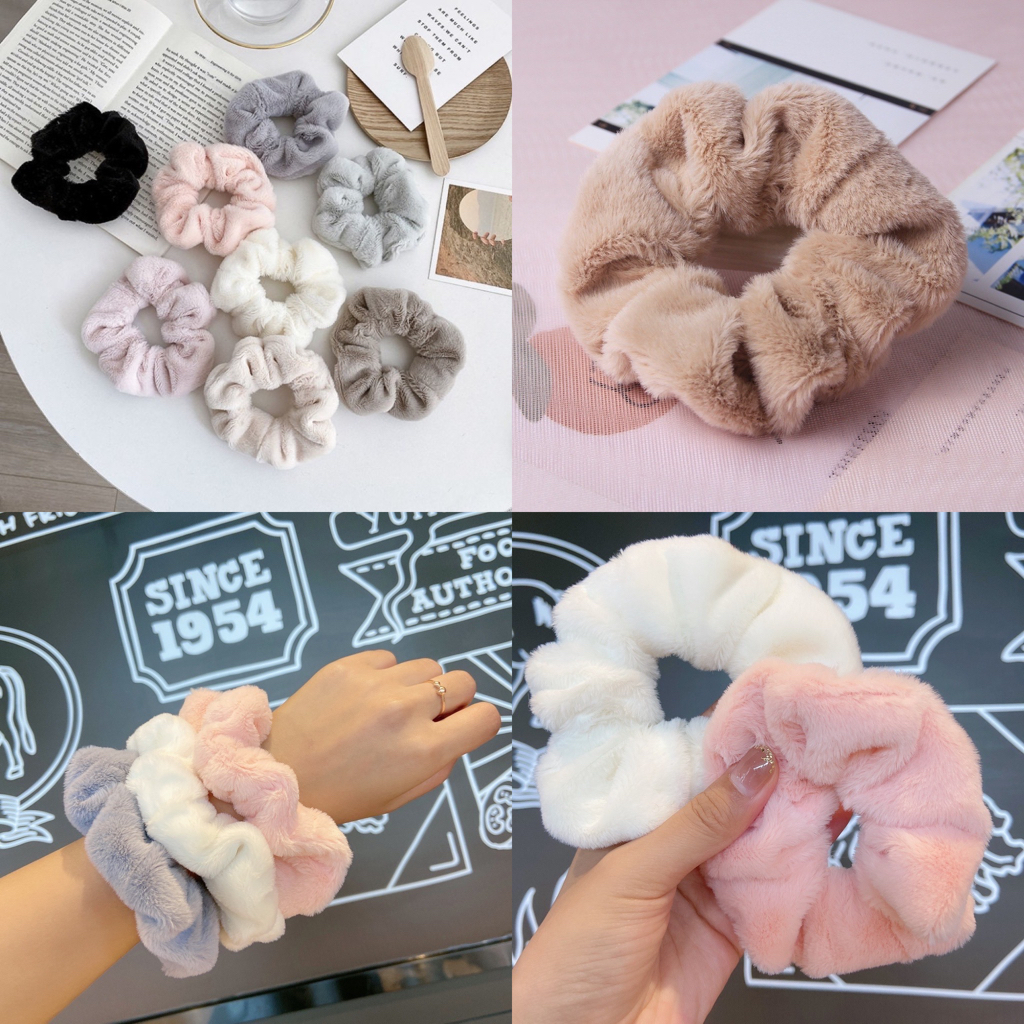 Ikat Rambut Scrunchie Korea Besar Bulu Lembut Korea Motif Polos