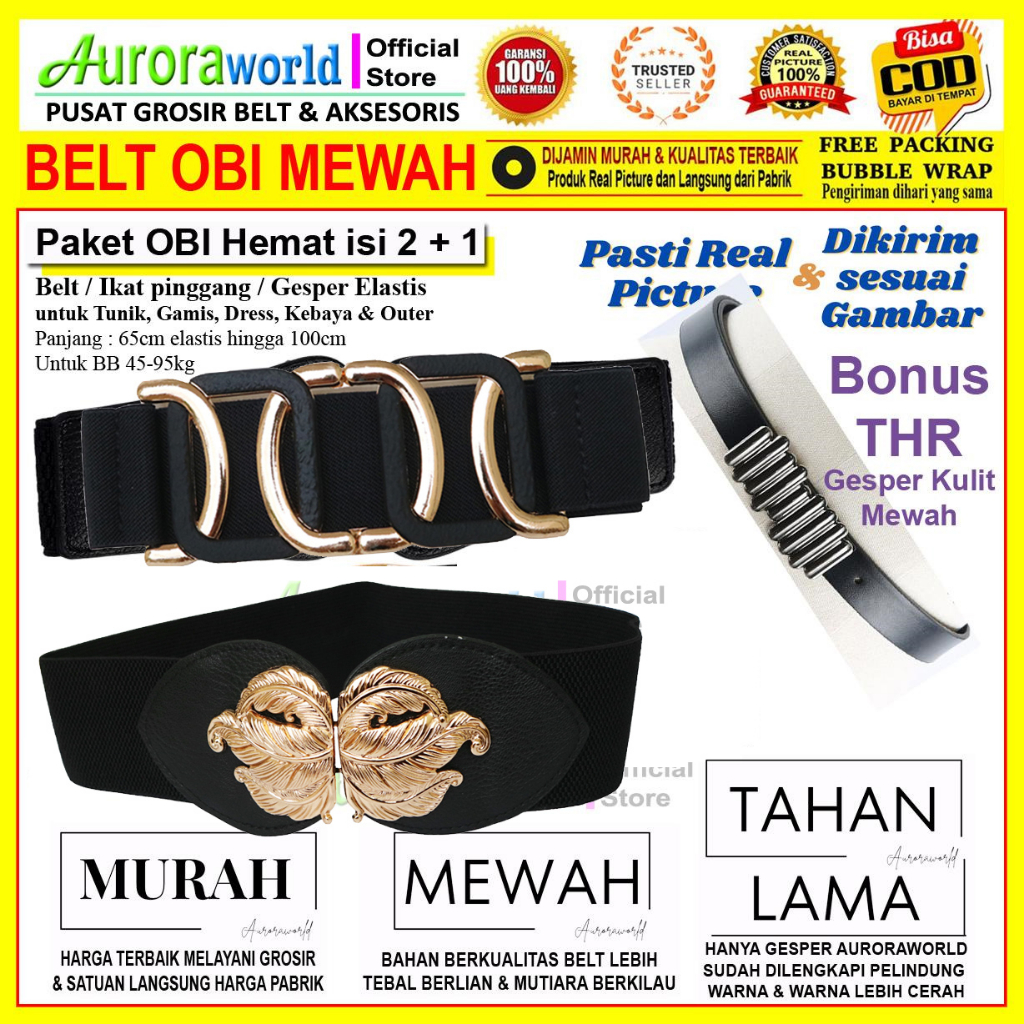 Paket Bundling isi 5 Paket usaha Gesper Elastis Gesper Mutiara Gesper Rantai ikat pinggang wanita belt Obi Mewah Auroraworld 1 paket isi 5 Gesper Mewah