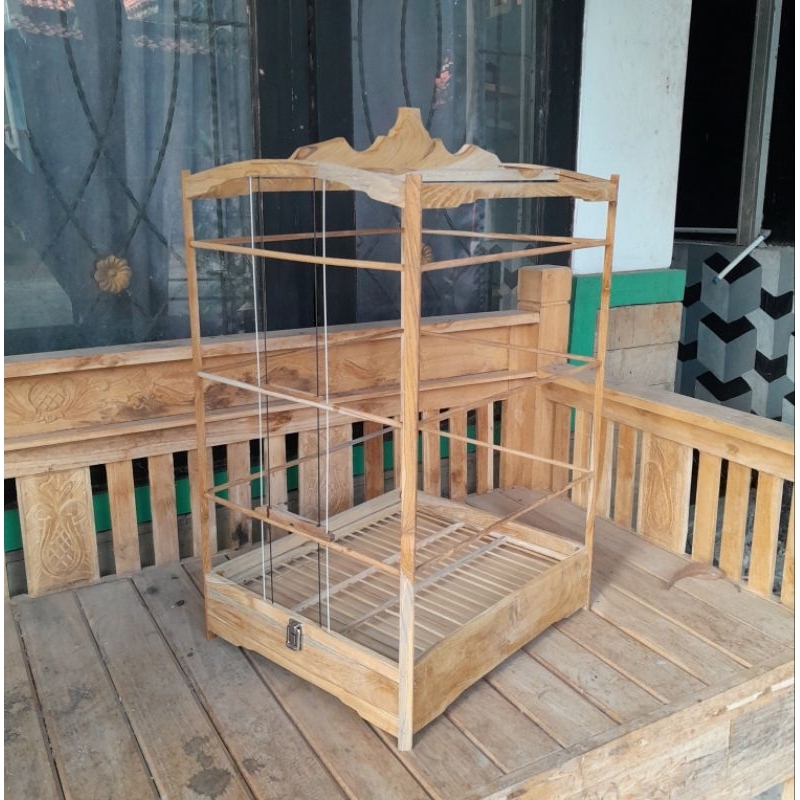 SANGKAR BURUNG MENTAHAN TIANG SEGITIGA BAHAN FULL JATI BELUM DIRAKIT