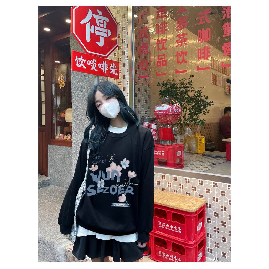 XiaoZhaiNv Korean Style Flowers Pattern Lengan Panjang Baju Sweater Wanita A0657