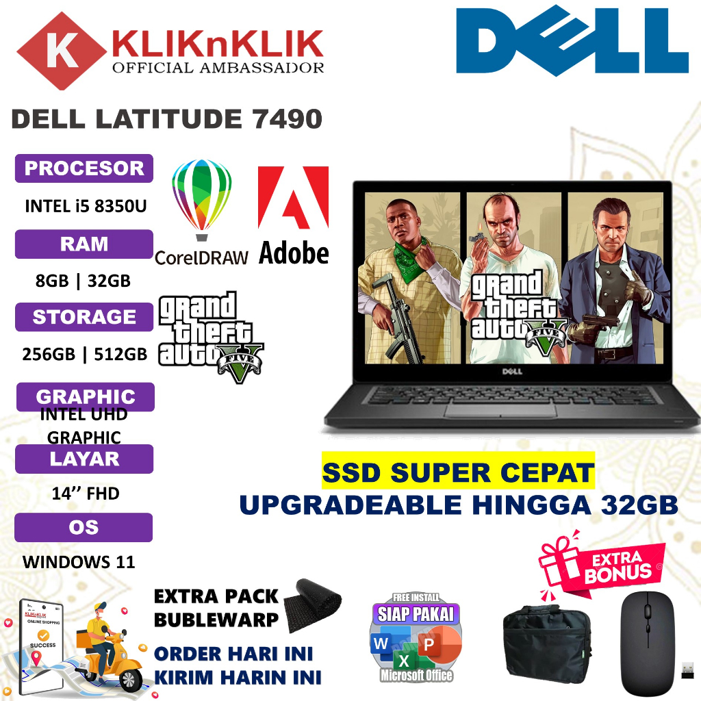 LAPTOP MURAH DELL LATITUDE 7490 INTEL I5 8350U 16GB 512GB SSD 14&quot; WINDOW 10