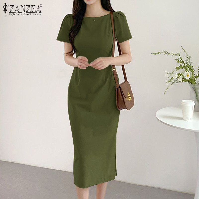 ZANZEA Women Short Sleeved O Neck Party OL Side Slit Midi Loose Dress