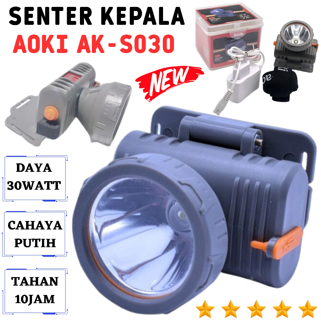 Senter Kepala 30watt Cahaya Putih Aoki AK-S030 Baterai Awet 2000mAh IP65 - senter kepala cas tahan l