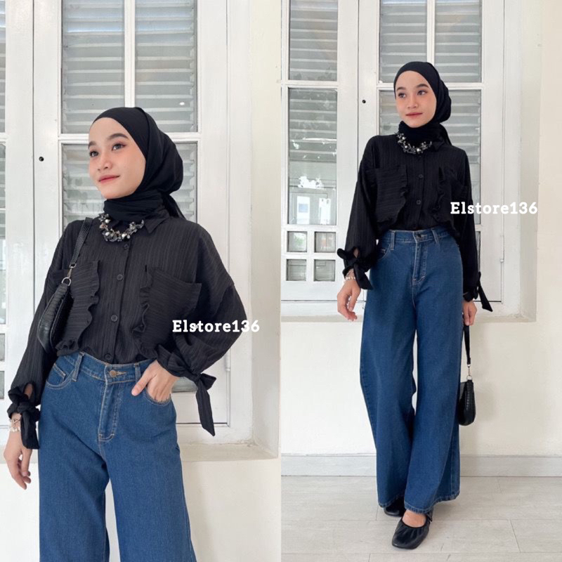 Selvi Blouse Bahan Baby Crush Atasan Wanita Full Kancing Lengan Tali Saku Dua Busui OOTD Remaja Dewasa