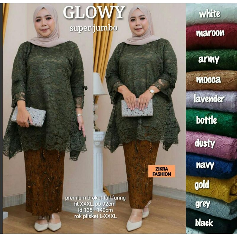 GLOWY SET BROKAT SUPER JUMBO/ SET WANITA JUMBO/ BAJU KONDANGAN JUMBO/ LD 140-145 ROK PLISKET MELAR/ 