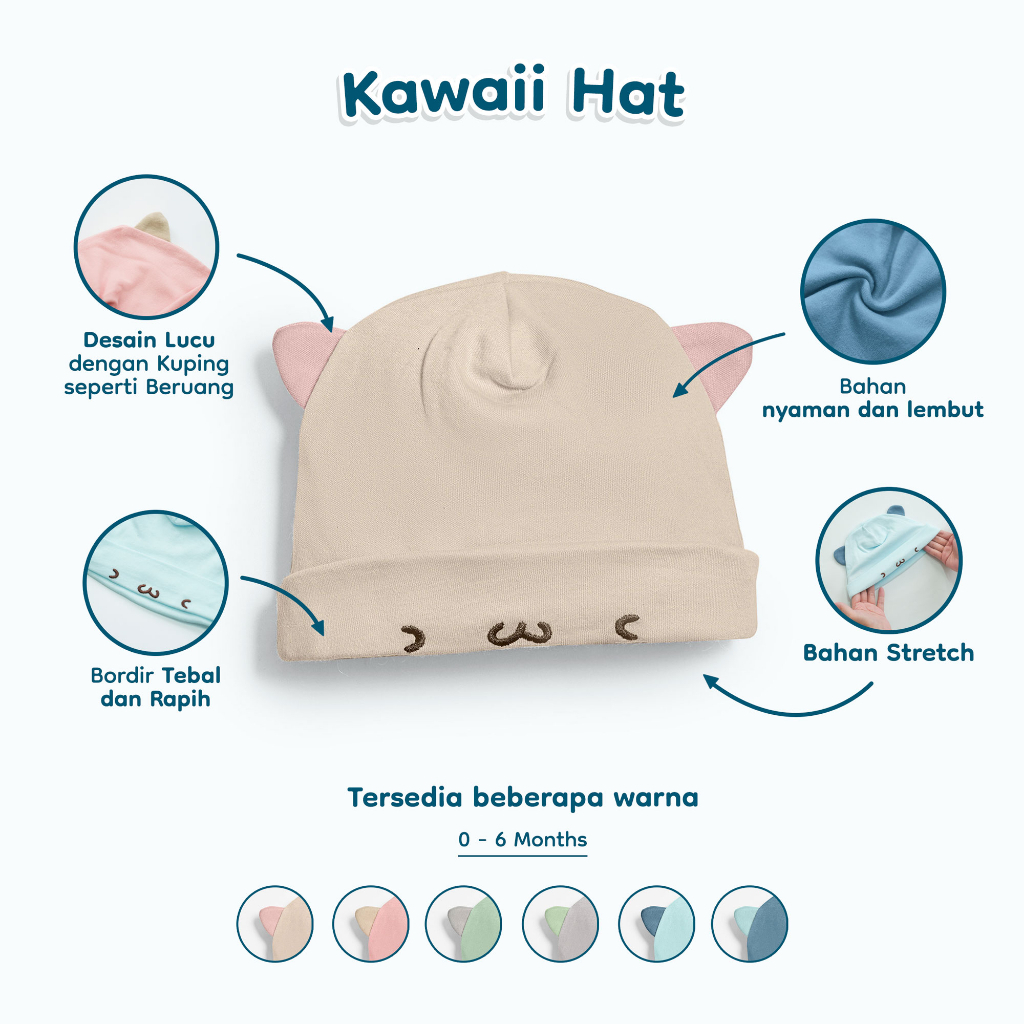 NICE KIDS KAWAII HAT BABY TOPI BAYI MOTIF KUCING NICEKIDS TOPI ANAK LUCU ALL SIZE (0-6 BULAN)