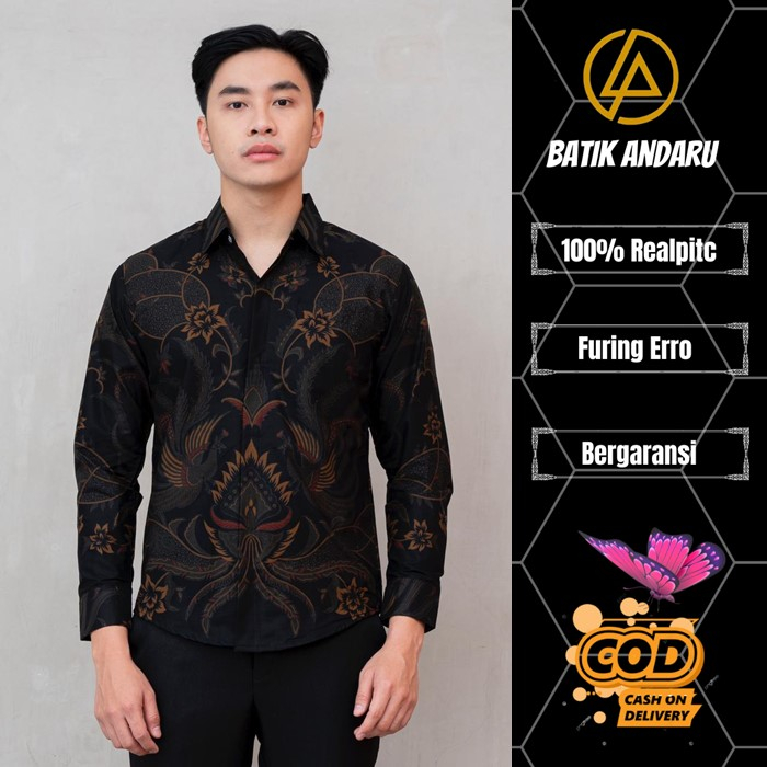 Kemeja Batik Pria Slim Fit Lengan Panjang Modern Heem Premium Warna Hitam Motif Laskala