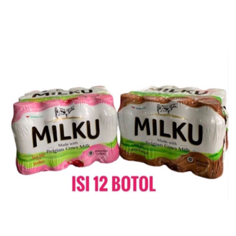 

Milku 200ml 1 Pack isi 12pcs Susu UHT Coklat & Strawberry Kemasan Botol