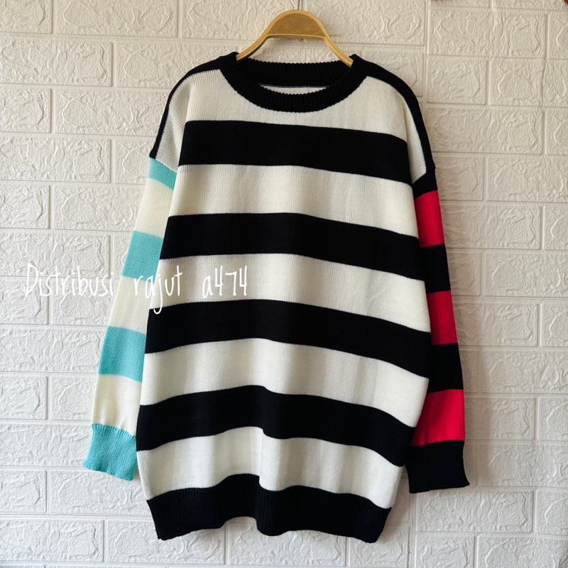 INUN SWEATER RAJUT OVERSIZE MOTIF STRIPPE BLASTER WANITA LENGAN PANJANG