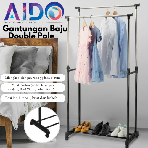 DOUBLE Rod Rack dan SINGLE Rod Rack Rak Baju Serbaguna Gantungan Laundry Stand Hanger 4 Roda Stand Hanger Single Stand