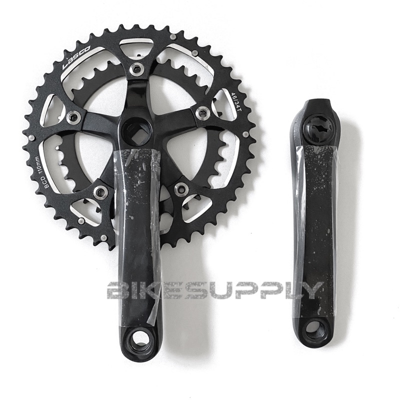 Crank Set (Crankset) Sepeda Merk Lasco CF 37 Double 2 Speed 34 46T BCD 110 Panjang Arm Pendek 155 mm