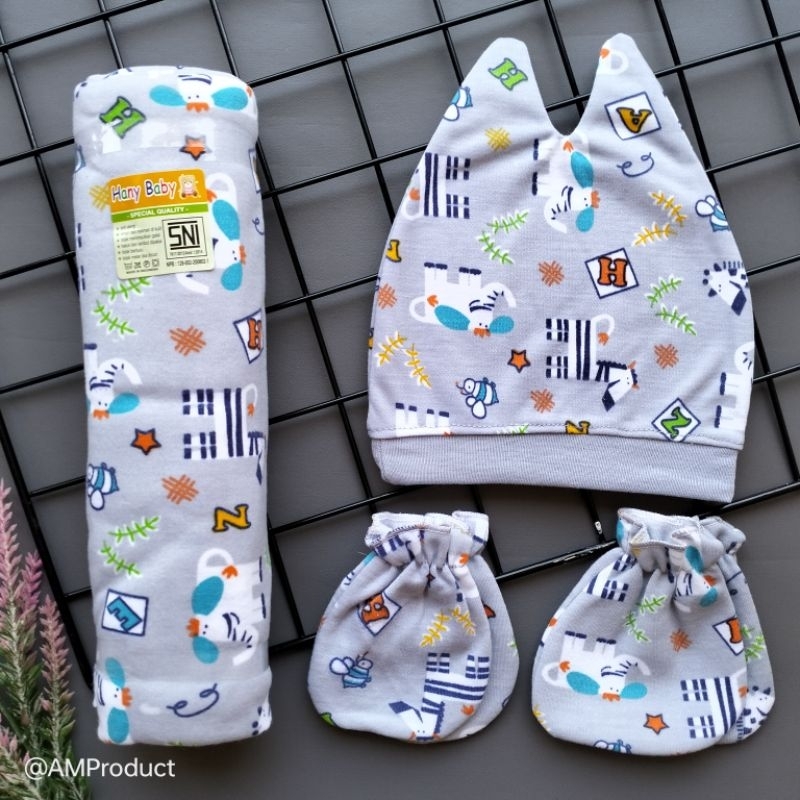 4in1 set bedong + sarung tangan + sarung kaki + topi kupluk bayi newborn printing