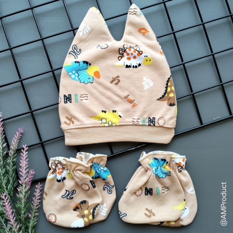 set topi sarung tangan kaki bayi printing