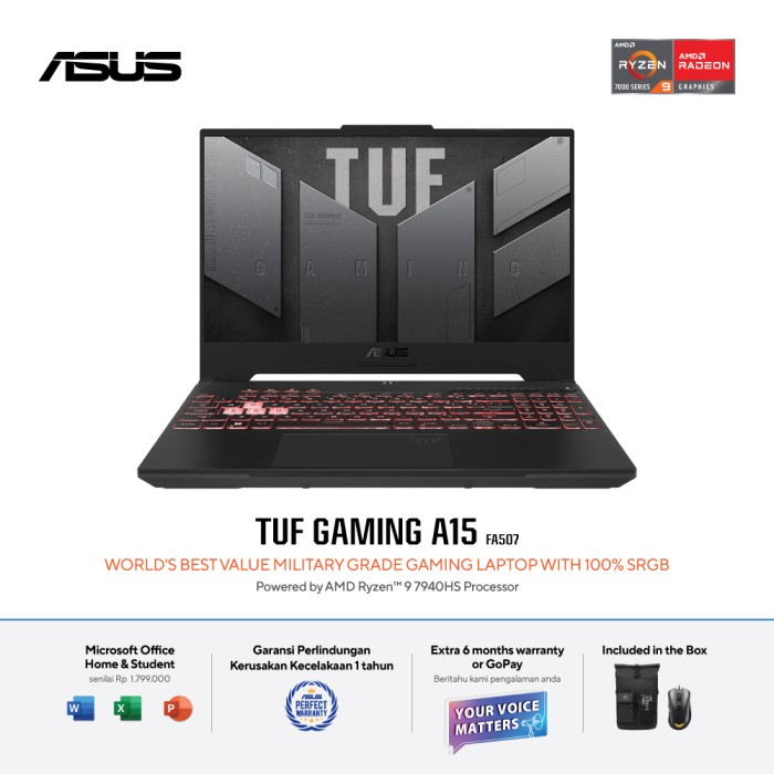 Laptop Gaming Asus Tuf A15 FA507XI R947K6G-O RTX4070 8GB RYZEN 9 7940HS 16GB 1TBSSD W11 OHS21 15.6FHD 144HZ