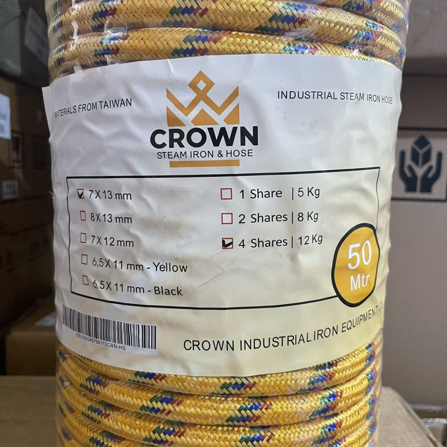 SELANG SETRIKA UAP CROWN Kuning Grade SUPER / 1 Roll (50 Meter) 7 X 13 [Tebal 3 mm]