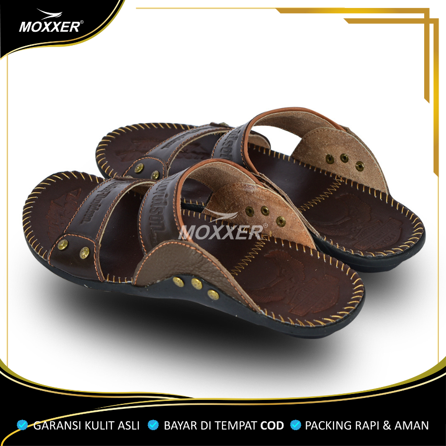 Sandal Kulit MOXXER Pria | Sandal Slide Kulit Asli Full Up MOXXER Slip On Cowok Terbaru Kekinian