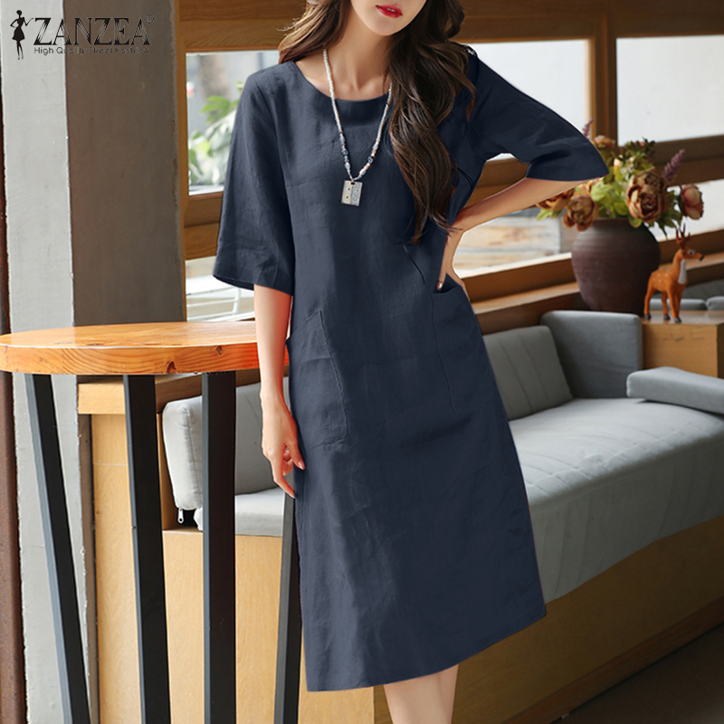 ZANZEA Women Daily Casual Retro Half Sleeves Solid O-Neck With Pockets Mid Length Dress