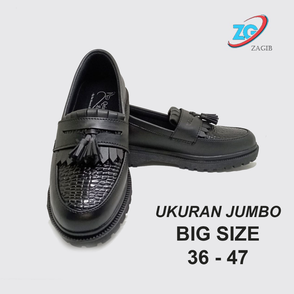 Sepatu Loafer Wanita Big Size Jumbo - Loafers Docmart Slip On Klasik Black Kulit - Ukuran Super Besar Gede