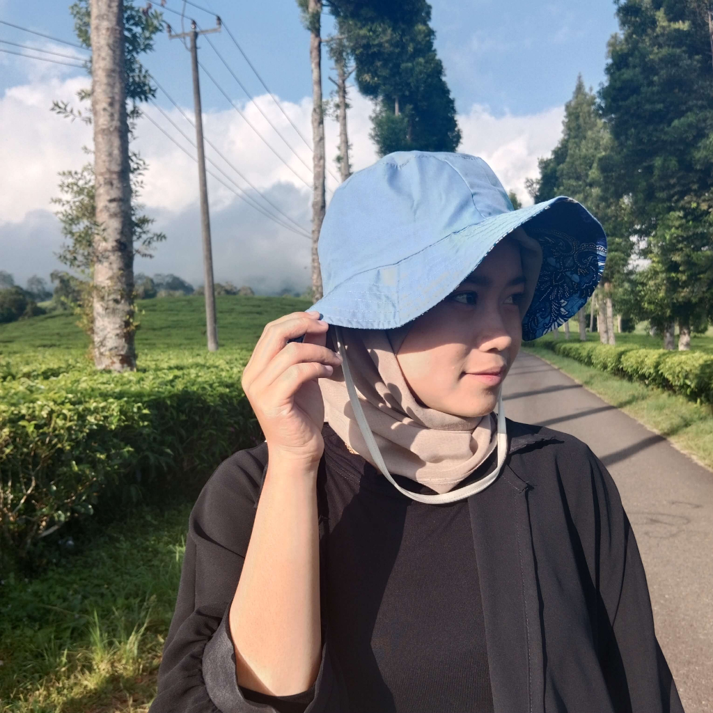 Topi Rimba Wanita Bucket Dudukuy Petani Kanvas Biru Keunguan