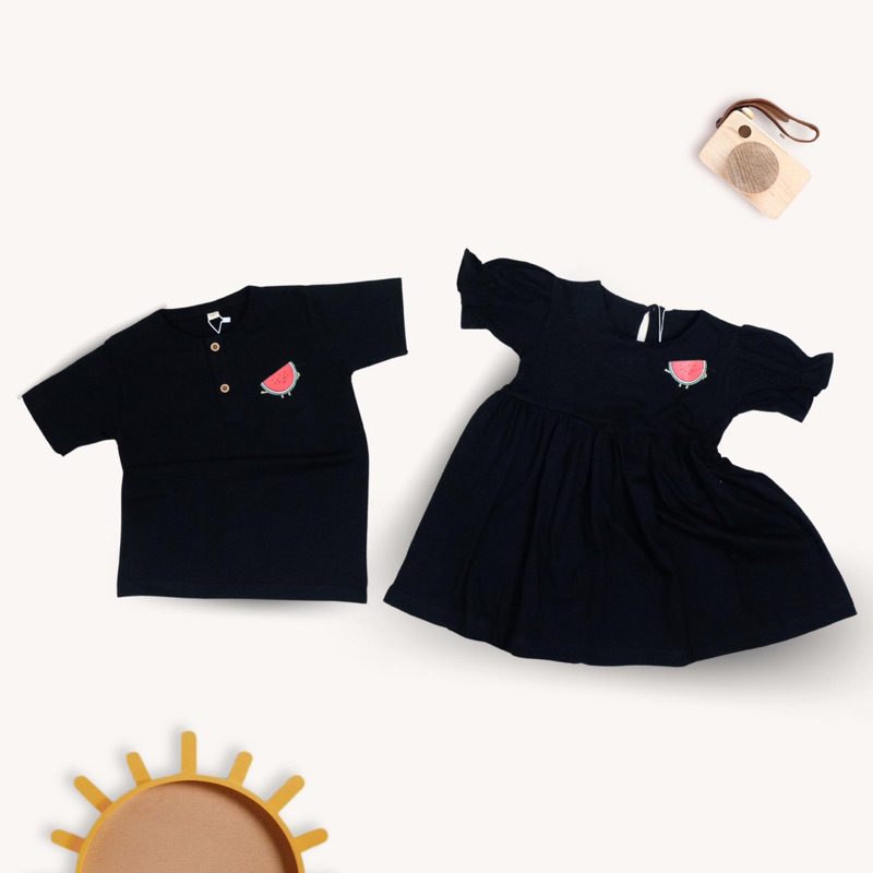 CaisKids - Baju Couple Henley Kakak Adik (2) - Cika Polos Motif Buah - Bahan Kaos Combed untuk bayi dan dress anak