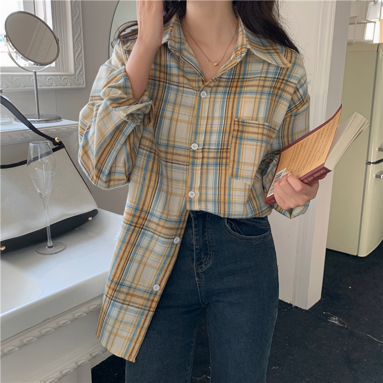 Baju Kaos Oversize Kemeja Wanita Korea Plaid Shirt Oversize Retro Panjang Lengan Semua Pertandingan Retro